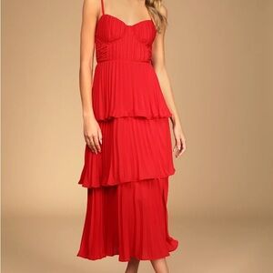 Lulus Cascading Crush Red Tiered Bustier Midi Dress Size L